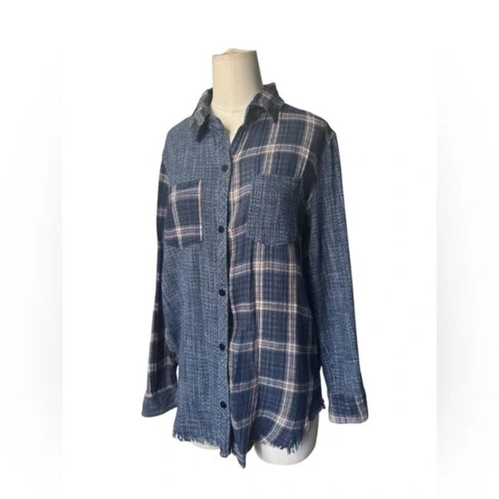 ANTHROPOLOGIE Artisan De Luxe Women L Button Shirt Flannel Plaid Mix Split Multi - Picture 5 of 7